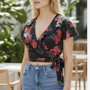 Revamped Women Floral Wrap Crop Top bohemian hippy